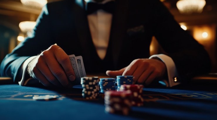 Multi-camera live dealer studio with cards and betting interface on rajacuan69 slot